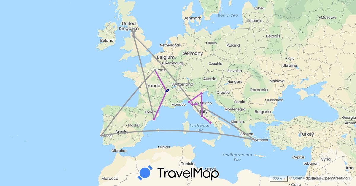 TravelMap itinerary: driving, plane, train in Spain, France, United Kingdom, Greece, Italy, Portugal (Europe)